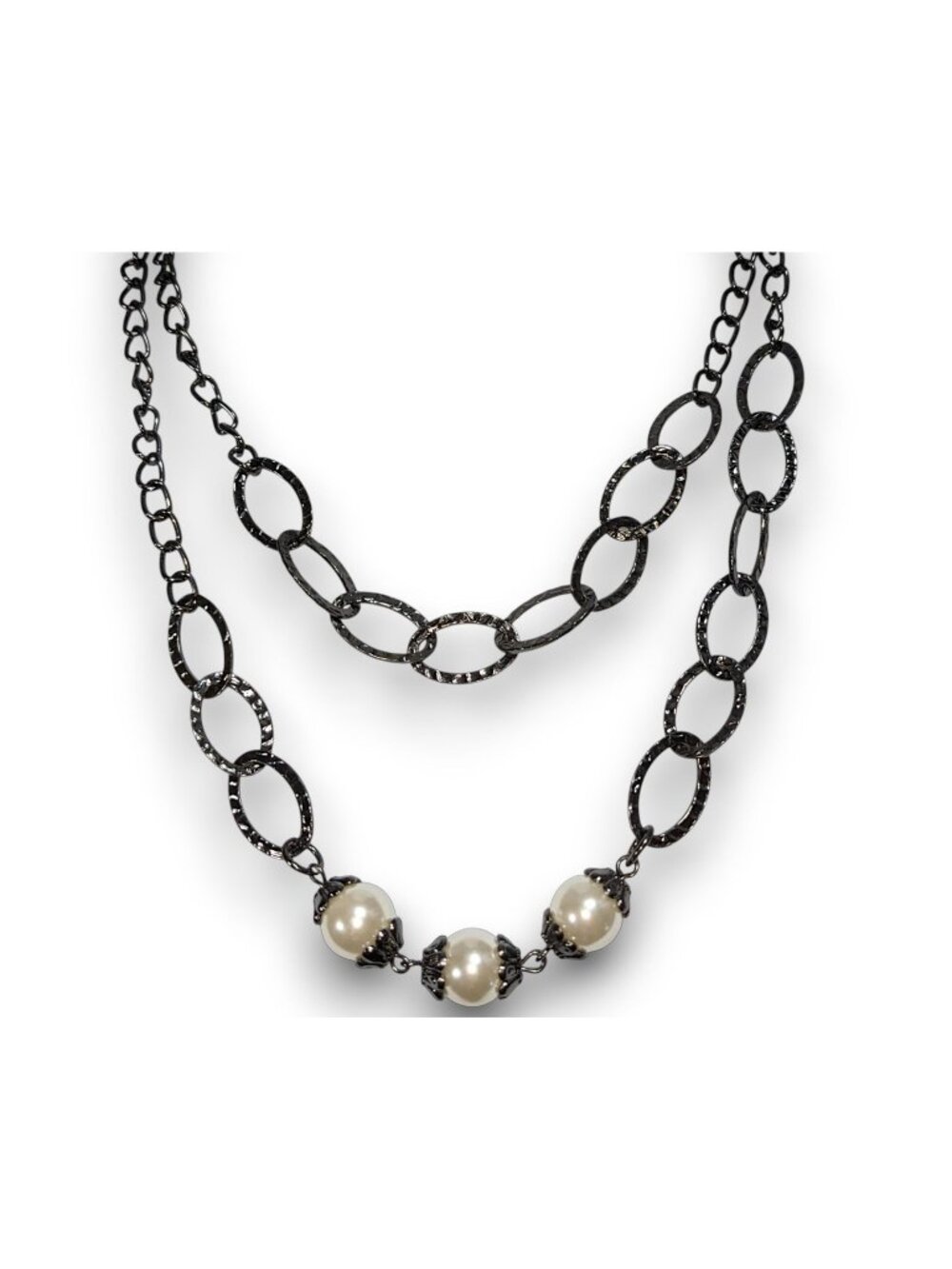 Glam Goth Chunky Gunmetal Cream Faux Pearl Double Strand Necklace 15 Inch